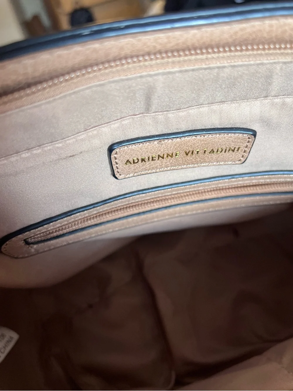 Adrienne Vittadini Taupe and Cream Shoulder Tote with Pom Charm Tan Work Bag